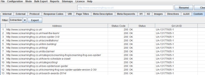 Screaming Frog - extraction ergebnisse