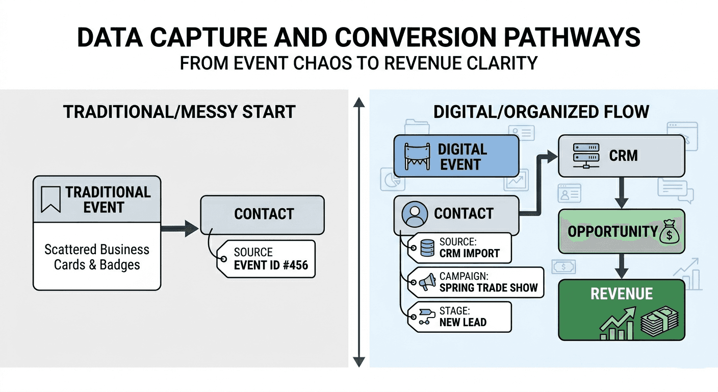 Event lead attribution flow from capture to revenue using Habsy Platform