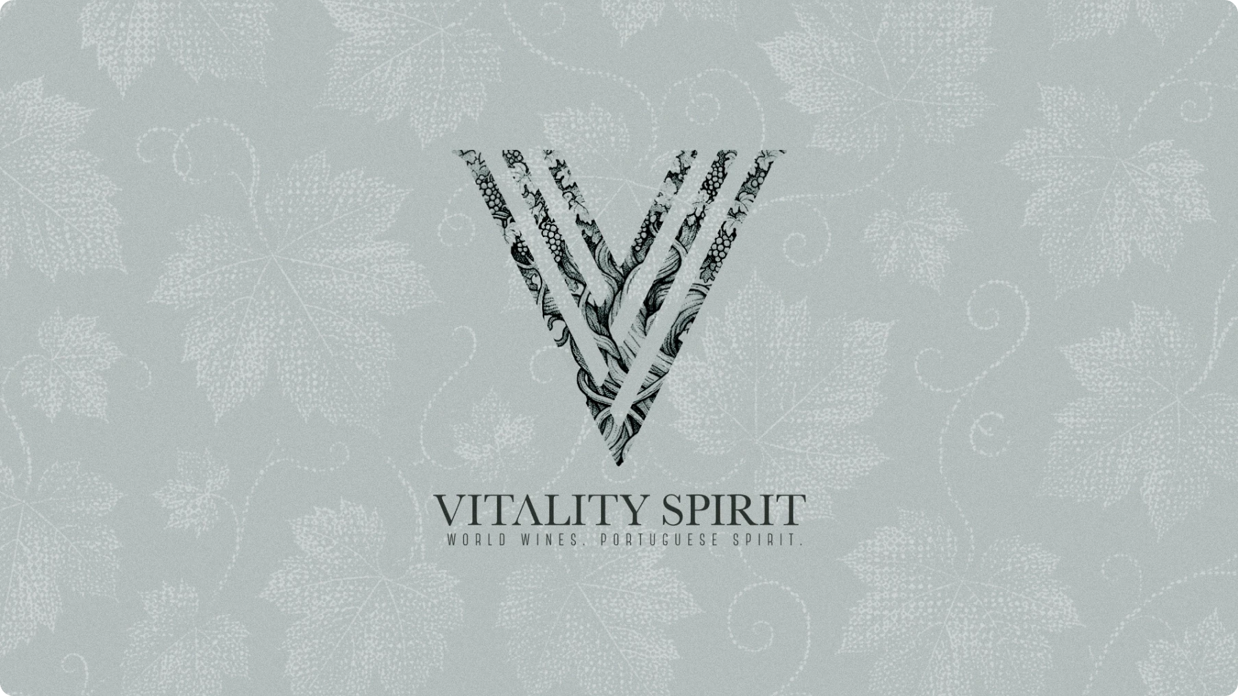 Monochrome logo featuring a branching, textured “V” above “VITALITY SPIRIT” and “YOUR INNER POWERFUL SPIRIT,” on a pale floral background.