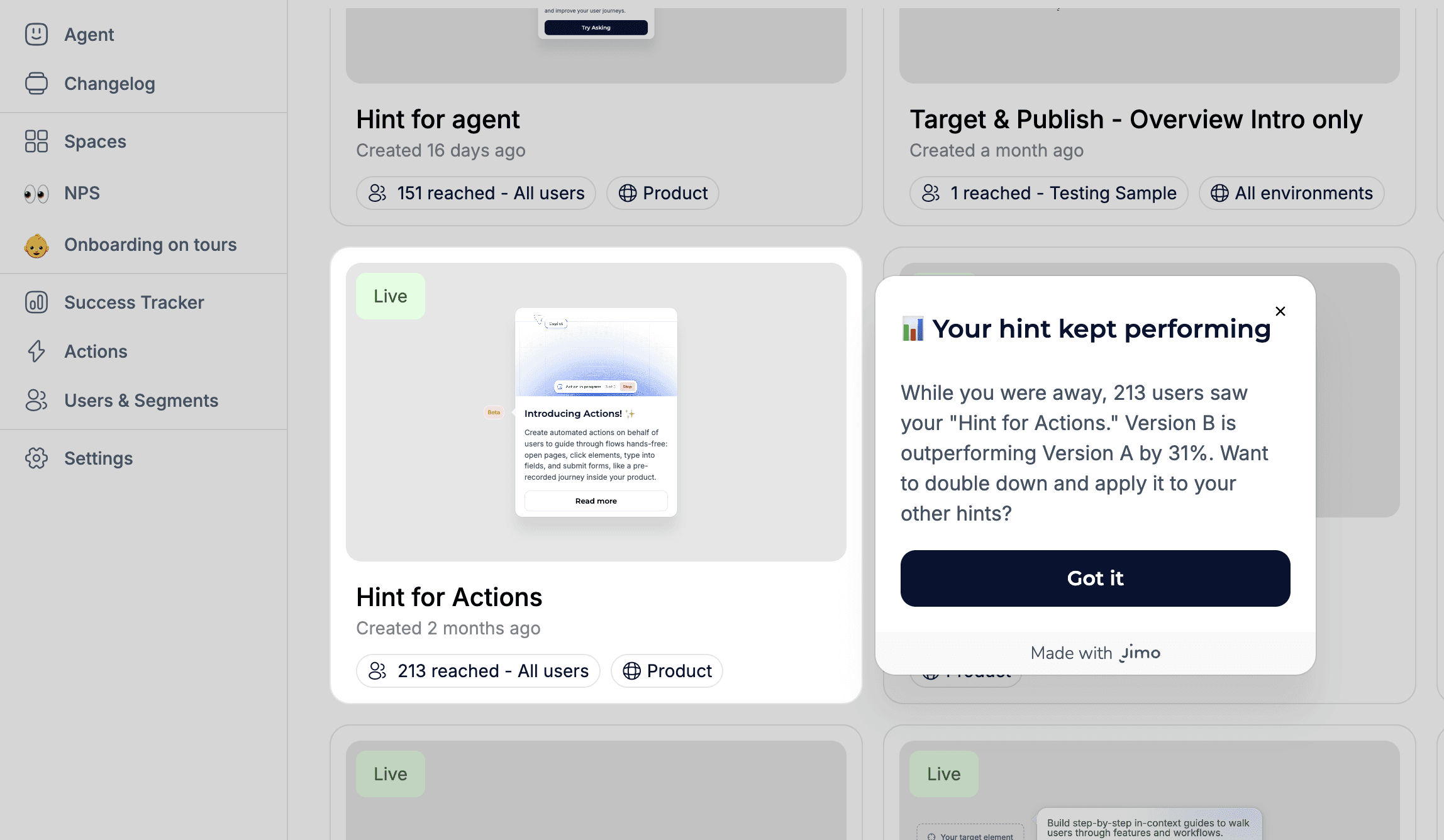 A Jimo AI-powered win-back tooltip: when a returning user browses their dashboard, the AI reads their live experiences data and highlights performance results generated during their absence, pulling them back into action.