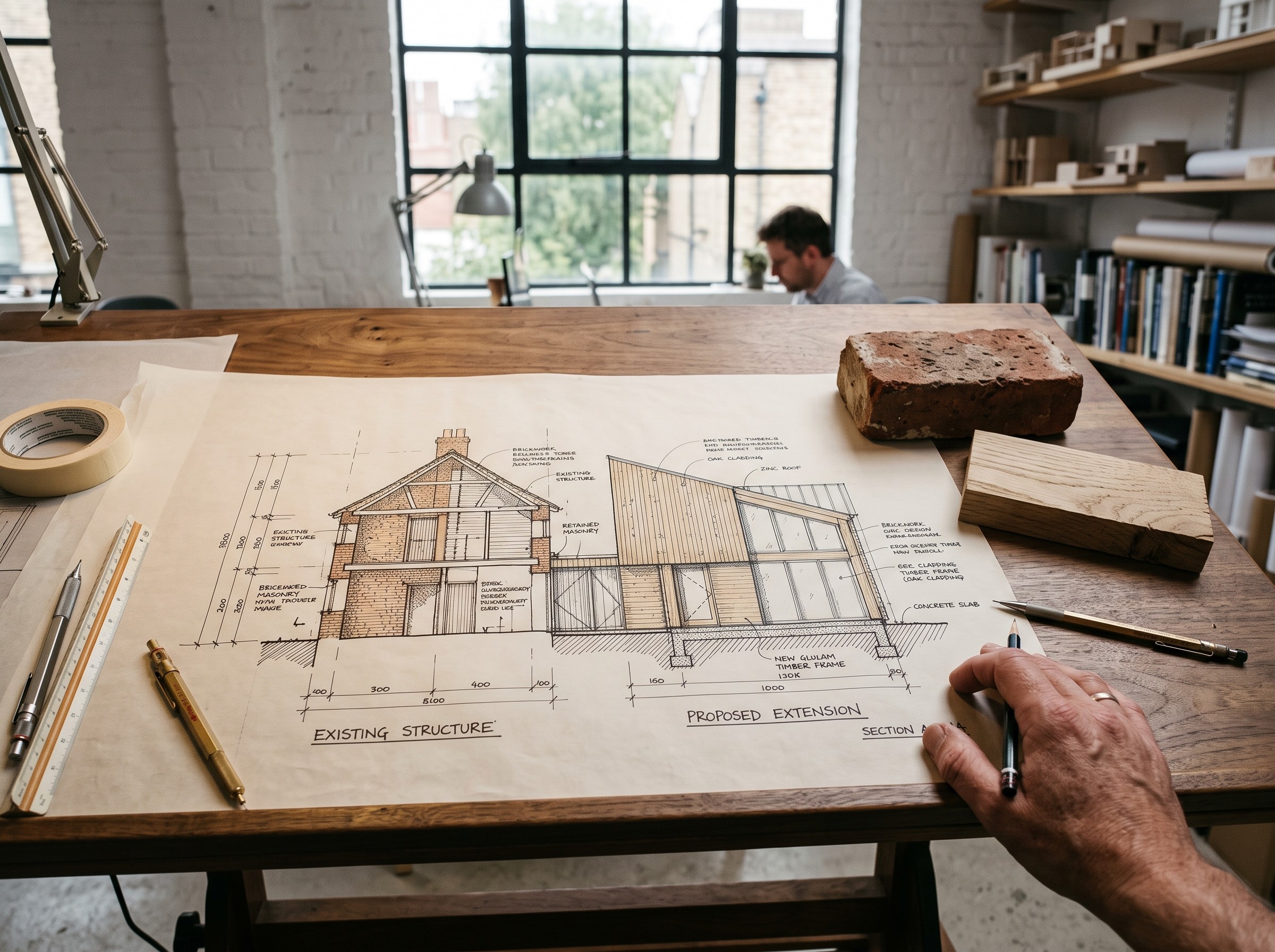 hand-drawn sections comparing the existing structure and the proposed extension are laid side by side with a small material sample of brick and timber. 