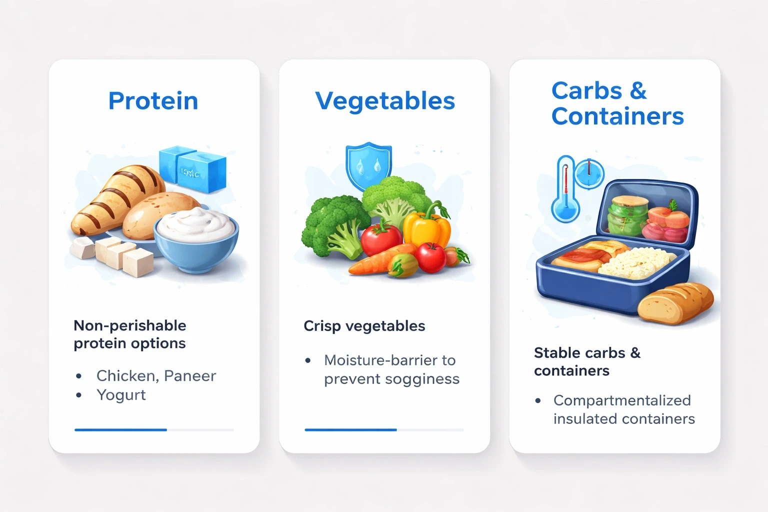 Three modern info cards on a light gray background, each highlighted with blue accents: Protein with ice pack, Vegetables with moisture barrier, and Carbs & Containers with insulated container icons.