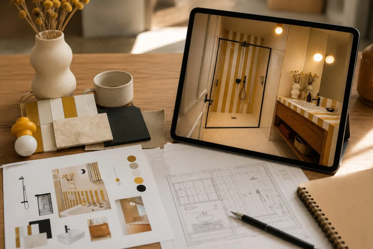 Conception d'une rénovation de salle de bains sur tablette avec moodboard, plan technique et échantillons de carrelage rayé jaune et blanc