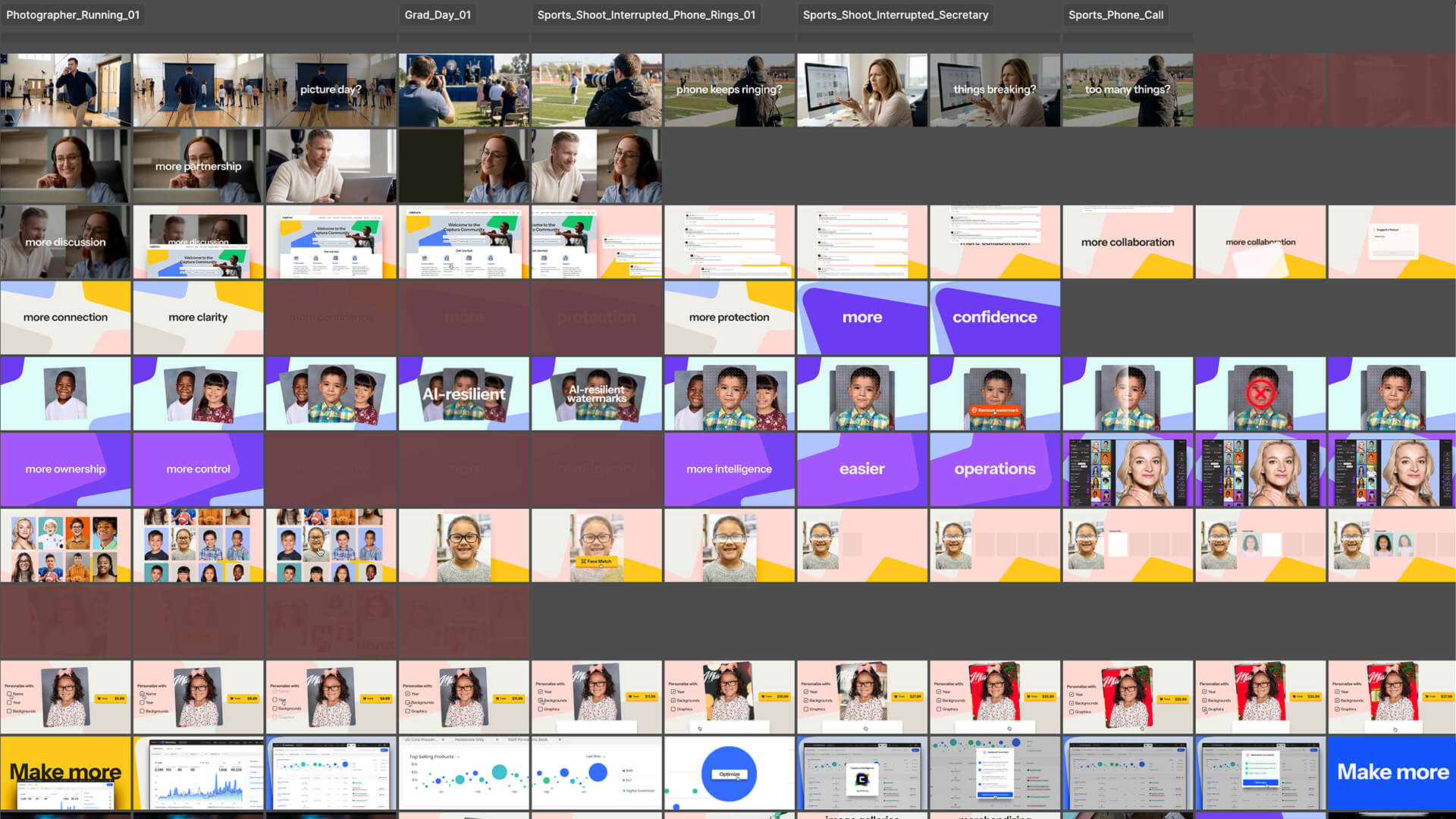 Complete Figma production board for the Captura 'Chaos to Clarity' video, mapping every scene and styleframe across the full narrative arc from problem statement to product resolve.