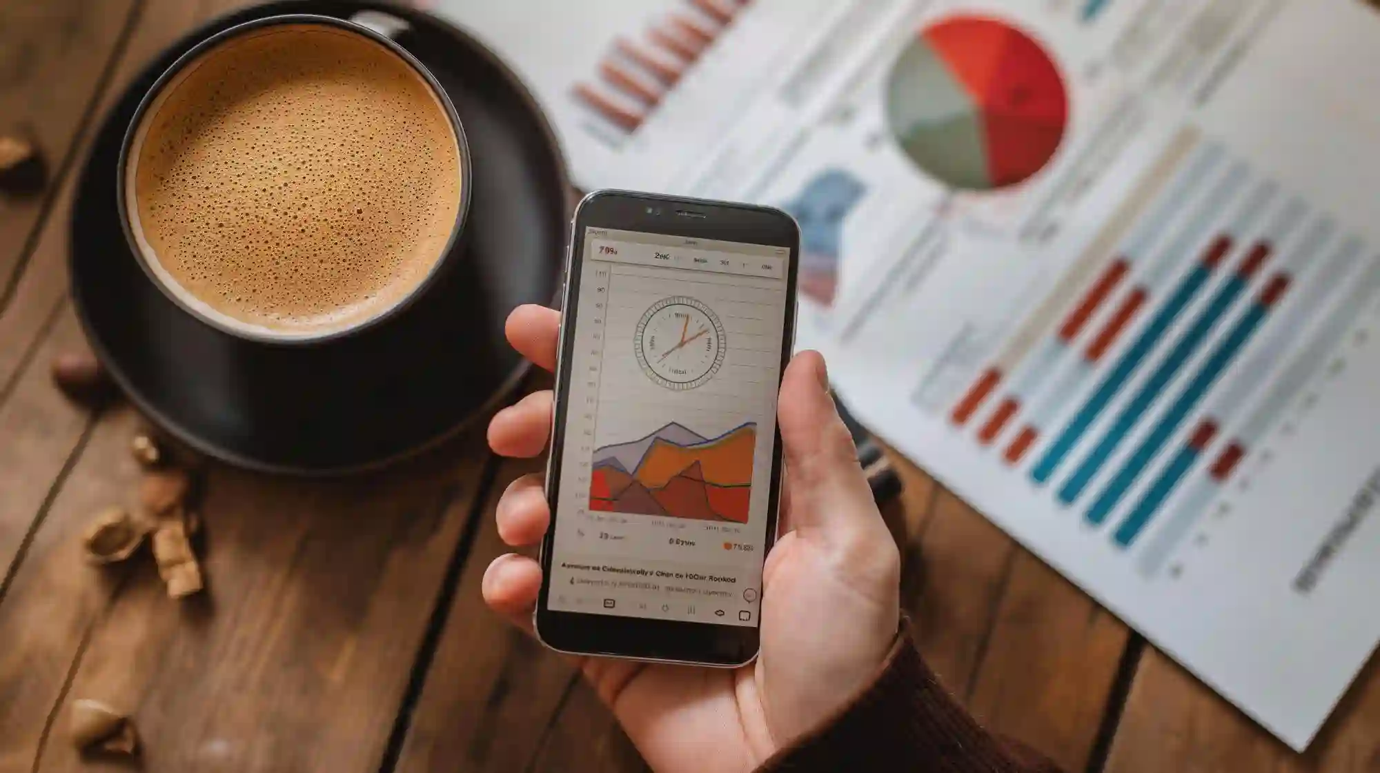 A creator analyzing TikTok Shop video performance data and analytics on their smartphone over coffee.