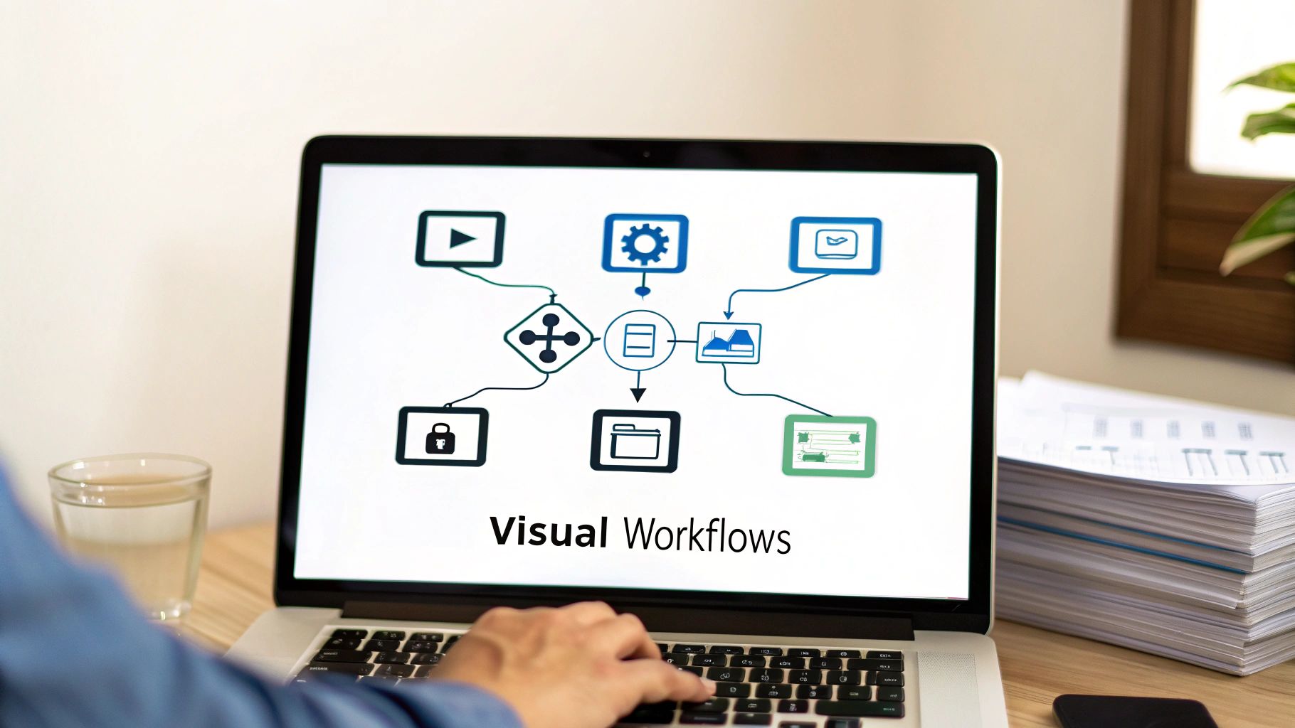 Close-up of a person typing on a laptop displaying a 'Visual Workflows' flowchart.