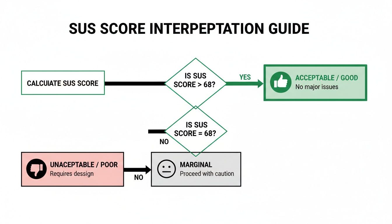 Flowchart illustrating the interpretation of SUS (System Usability Score) results, categorizing scores into acceptable, marginal, or poor.