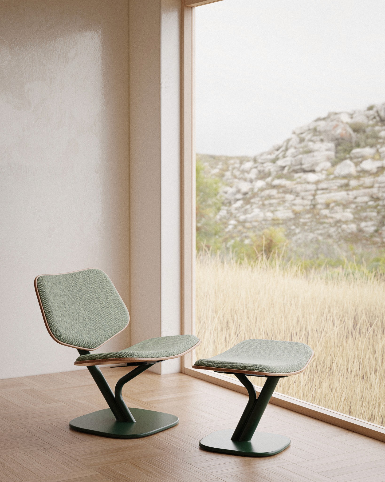 Till Lounge Chair and ottoman in sage green fabric beside a large window with natural landscape view
