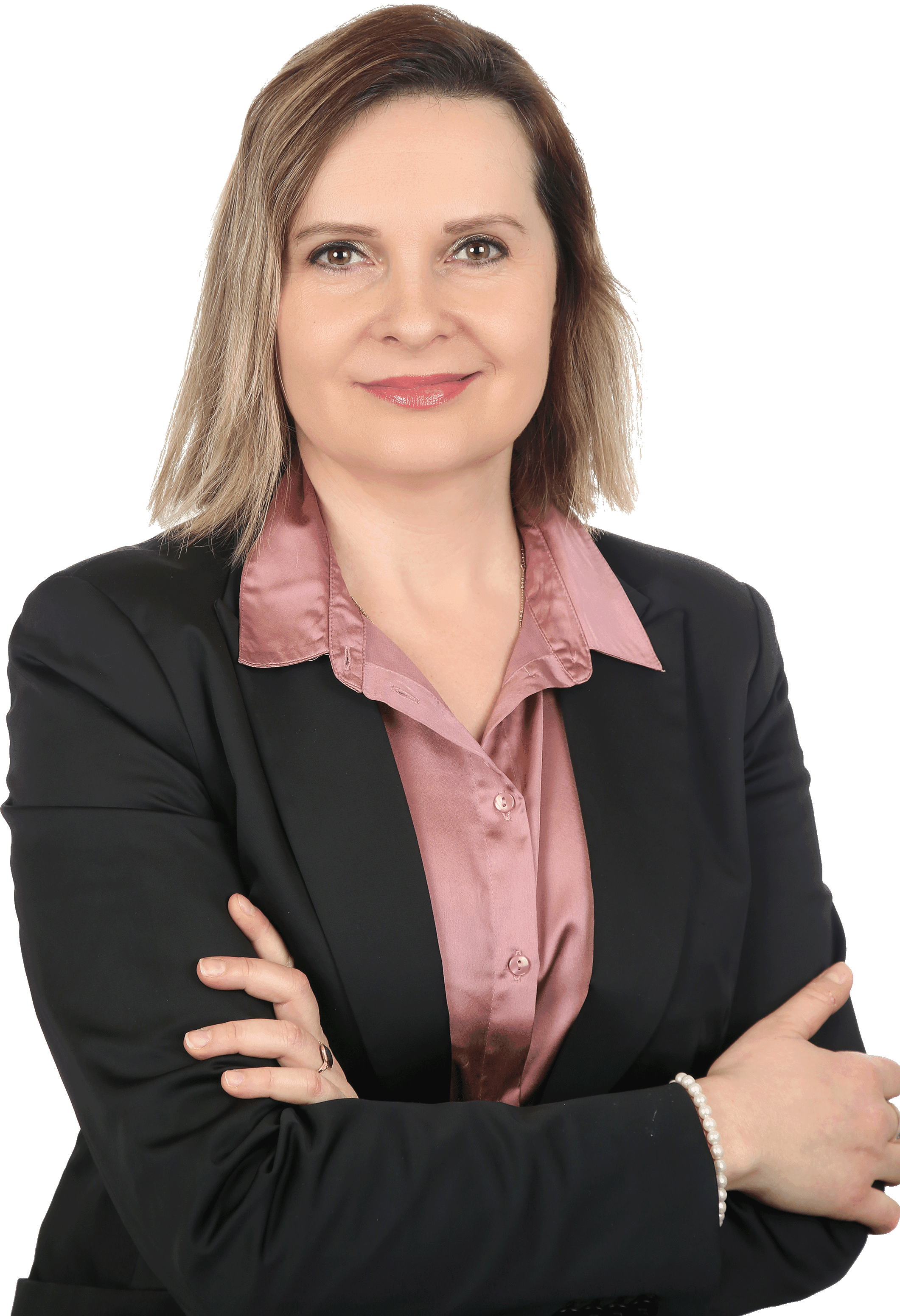 Bild von Veronika Obernauerova. Schwarzer Anzug und Pinkes Hemd