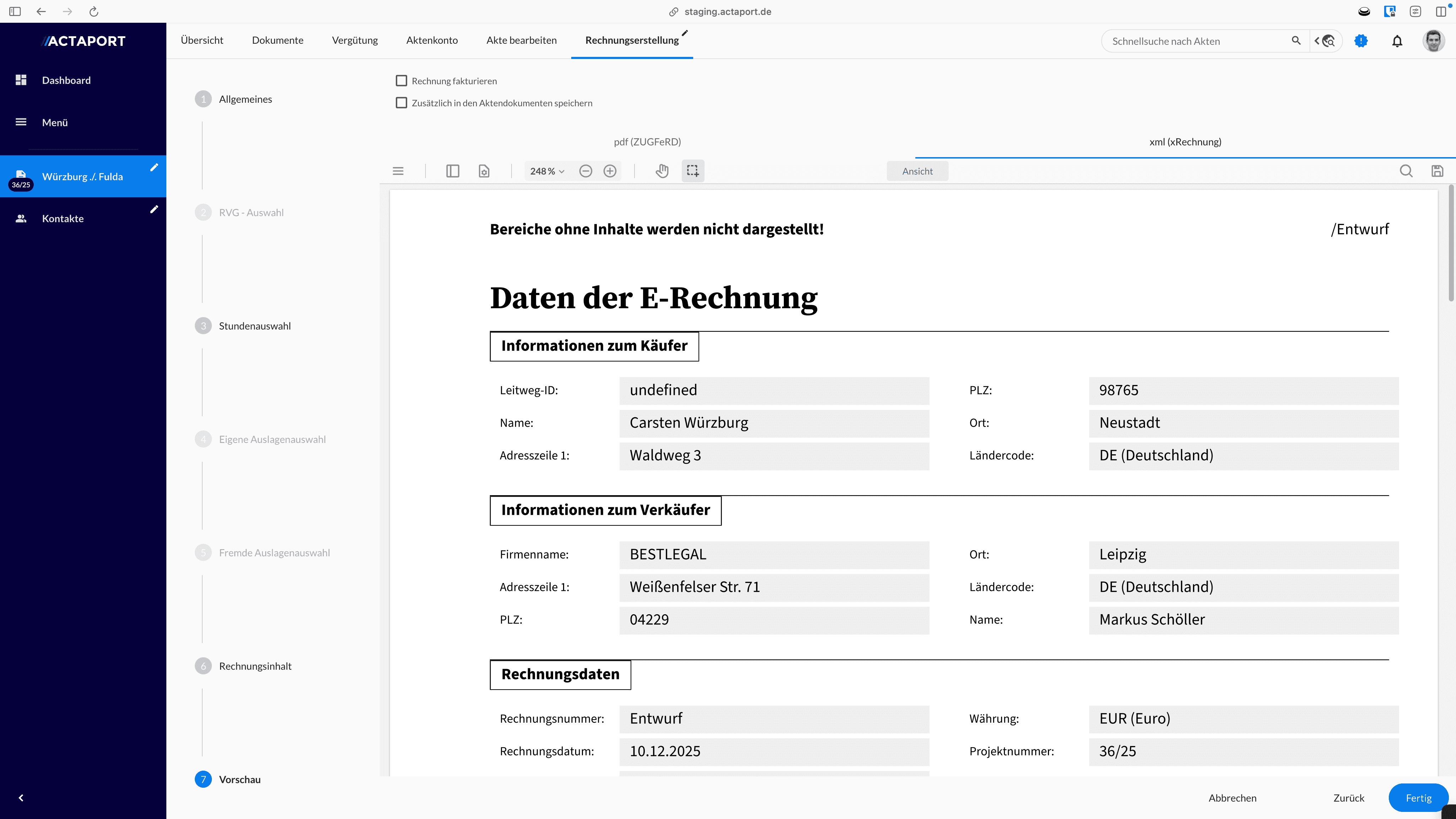 Die Vorschauoption xml beeinhaltet die Daten der E-Rechnung wie Käufer, Verkäufer und Rechnungsdaten.