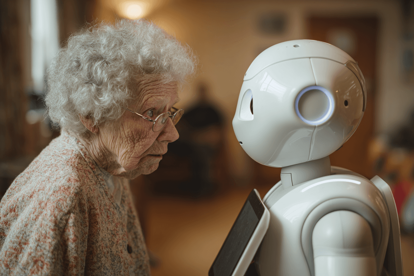 a senior and a humanoid robot in the senior's home. The senior looks concerned.