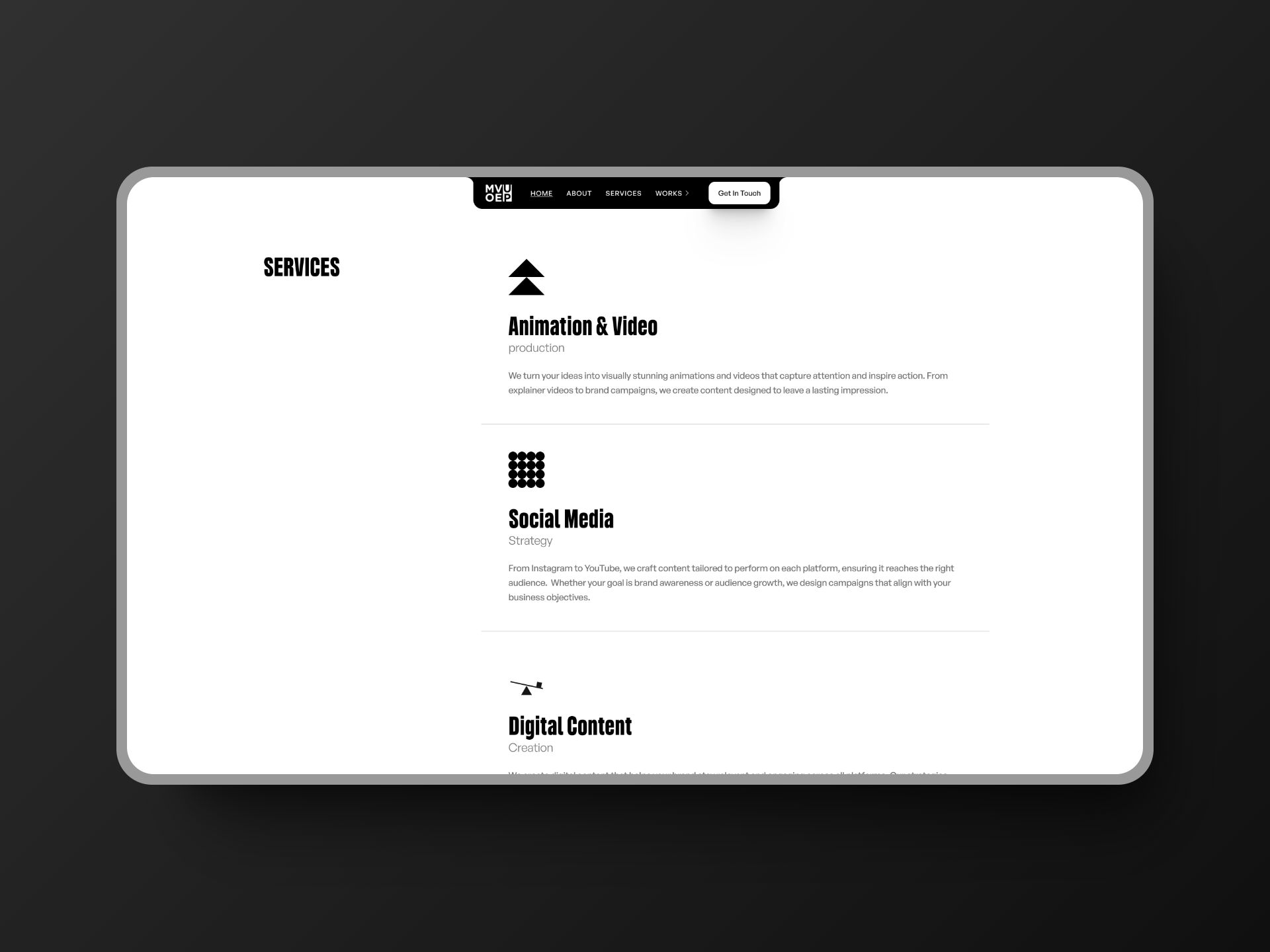 Move Up Studio Services page featuring categories like Animation & Video Production, Social Media Strategy, and Digital Content Creation, each accompanied by minimalistic icons and descriptions.