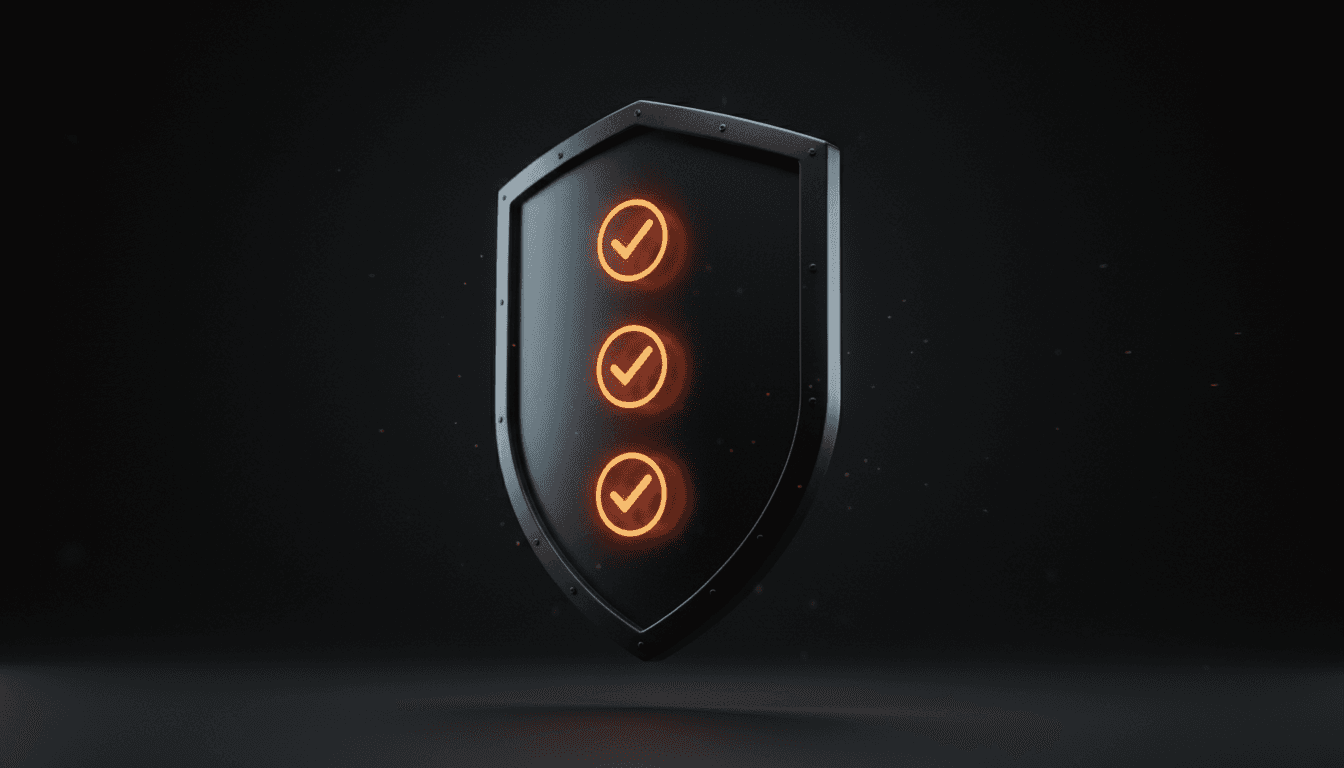 Animated shield with three glowing checkmarks, symbolizing security and protection.