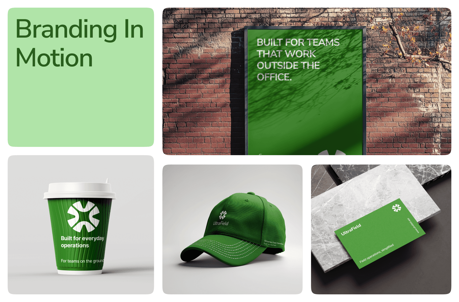 UltraField branding mockups with poster, cup, cap, and business card