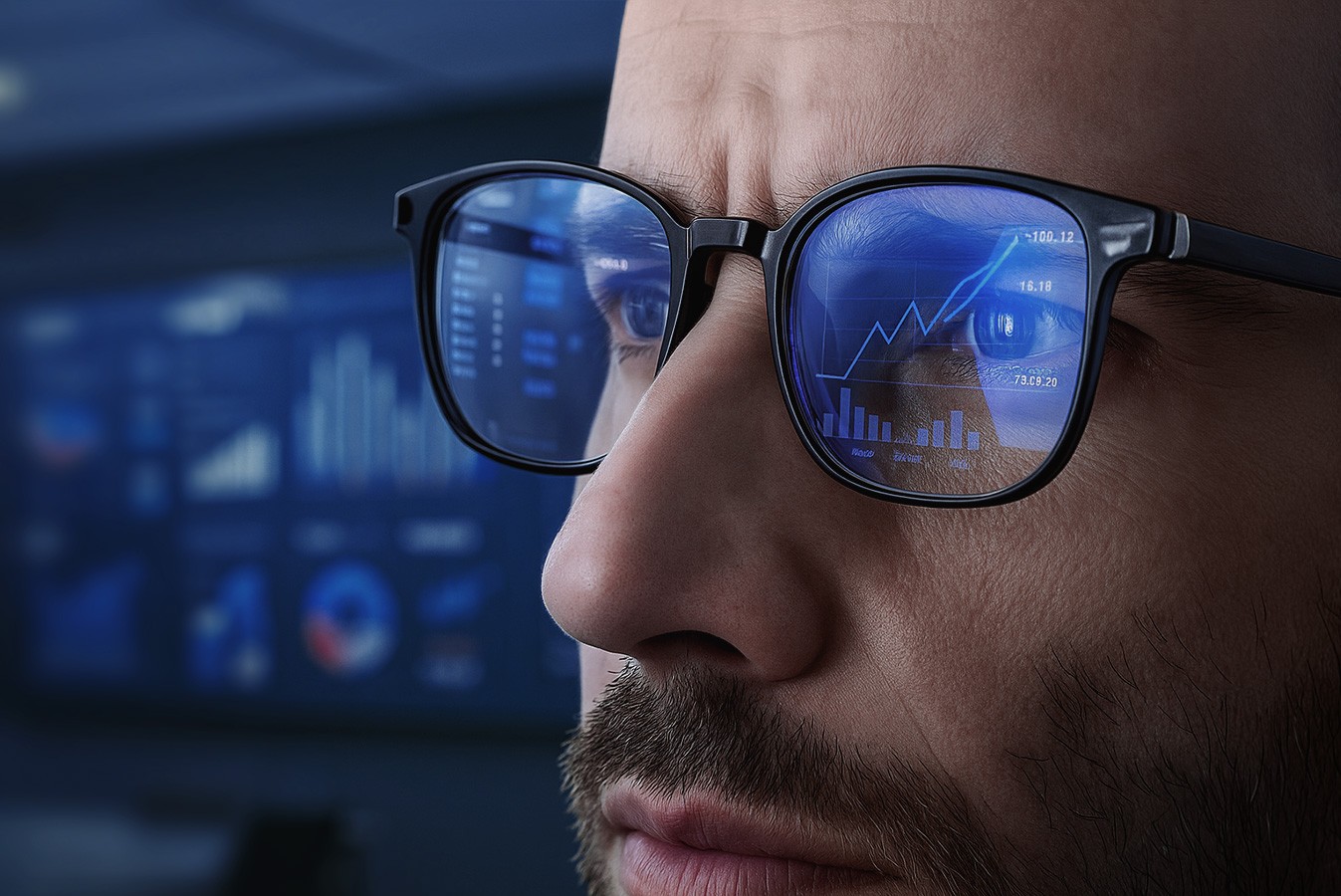 Homem olhando para tela com gráficos em crescimento