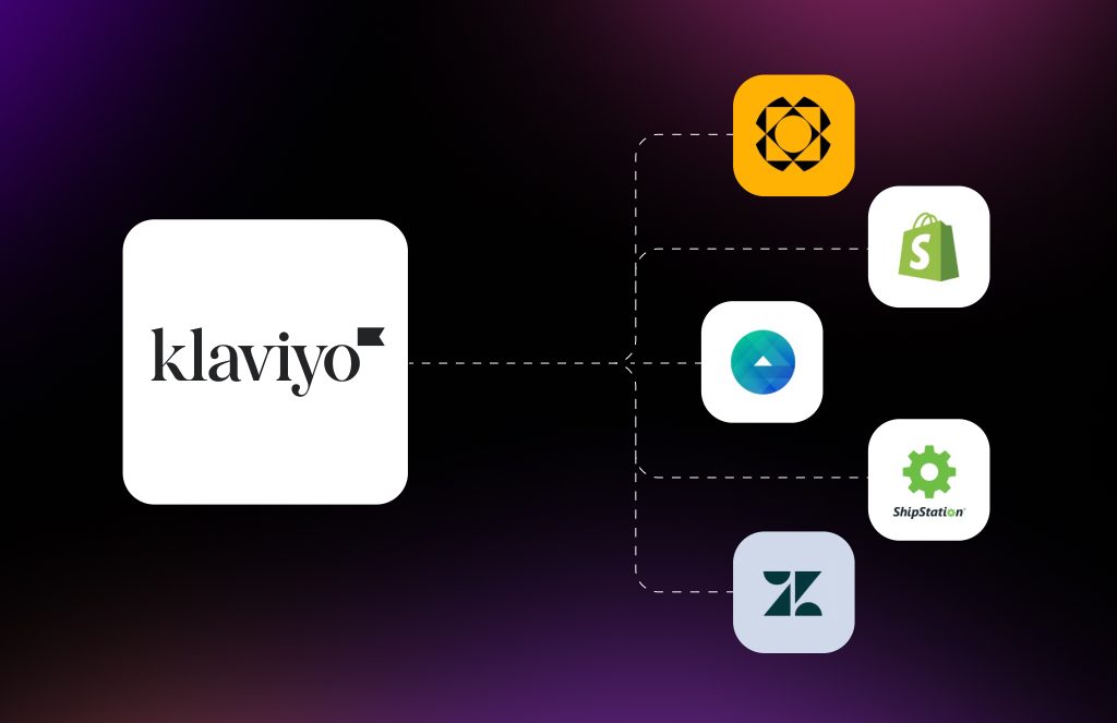 Klaviyo verbunden mit Integrationen wie Shopify, ShipStation und Zendesk