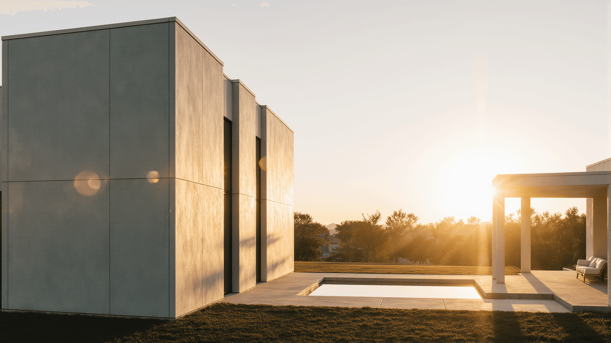 Modern concrete house with clean lines and pool at sunset, surrounded by grass and trees.