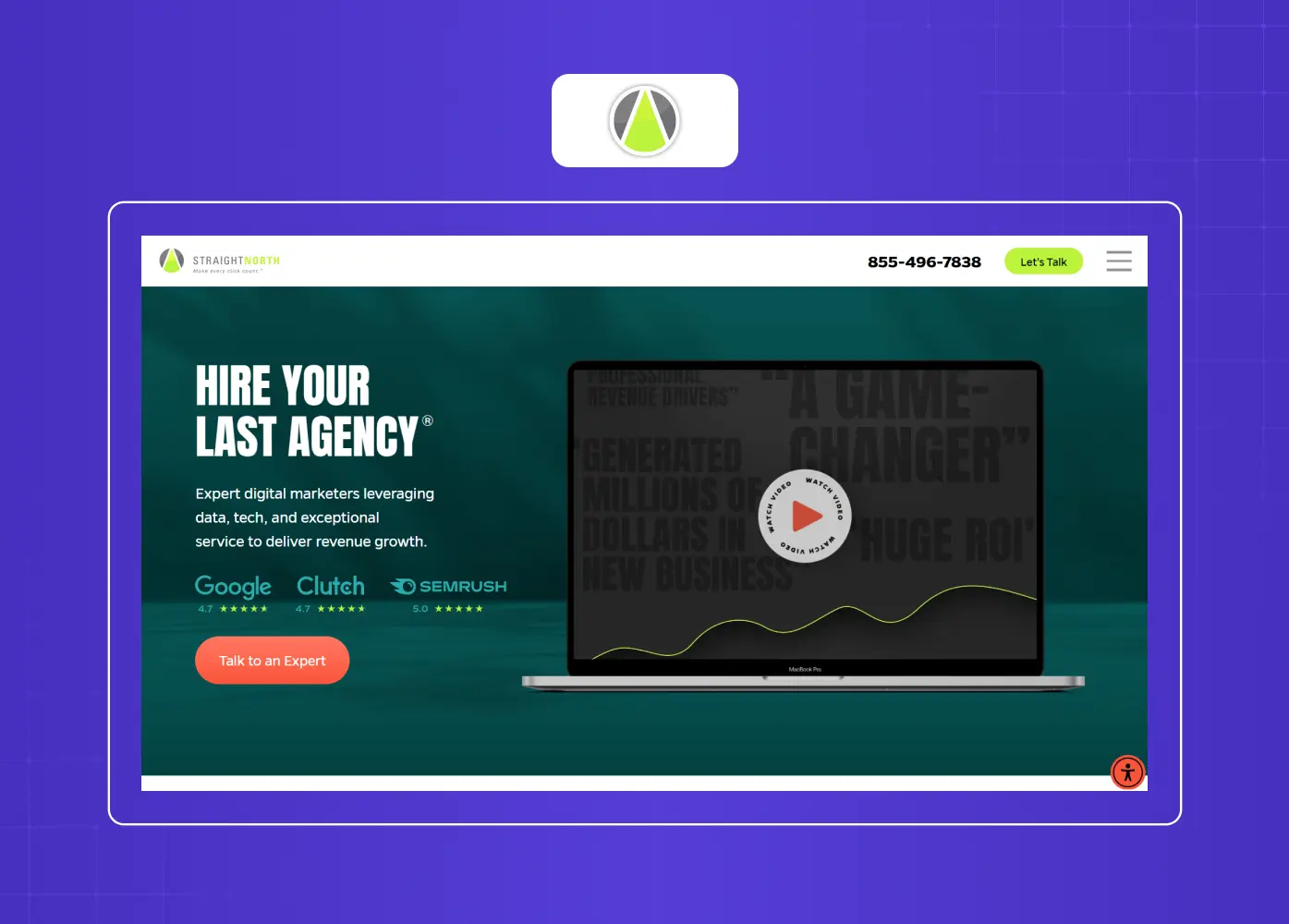 Digital marketing agency homepage featuring performance-focused messaging, social proof, and prominent lead generation CTAs.