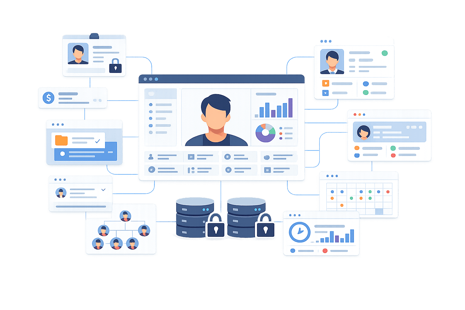 Ilustrasi Customer Data & Identity Management Platform yang menampilkan profil pengguna sebagai pusat sistem. Dashboard utama terhubung ke berbagai modul seperti data identitas, akun dan saldo, dokumen, aktivitas transaksi, struktur organisasi, analitik, serta database terproteksi. Visual menggambarkan pengelolaan data pelanggan terpadu, keamanan akses, dan analisis perilaku pengguna untuk mendukung layanan keuangan digital berbasis data.