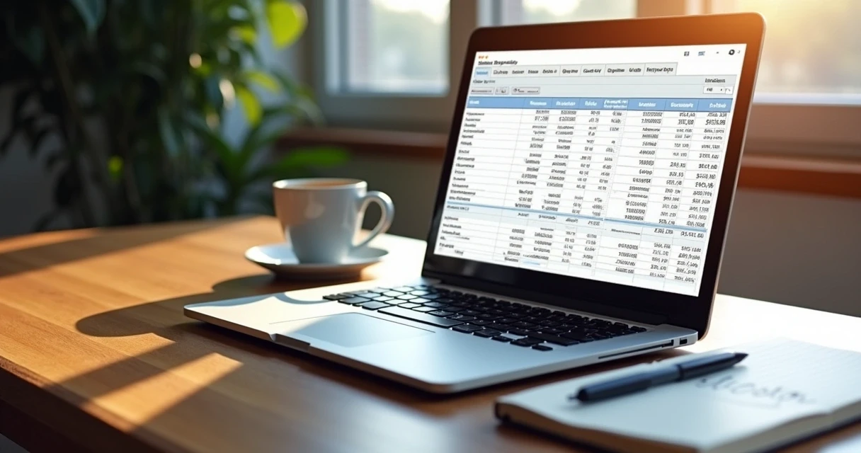 Mesa com planilha, laptop aberto e caneca de café, representando organização financeira.