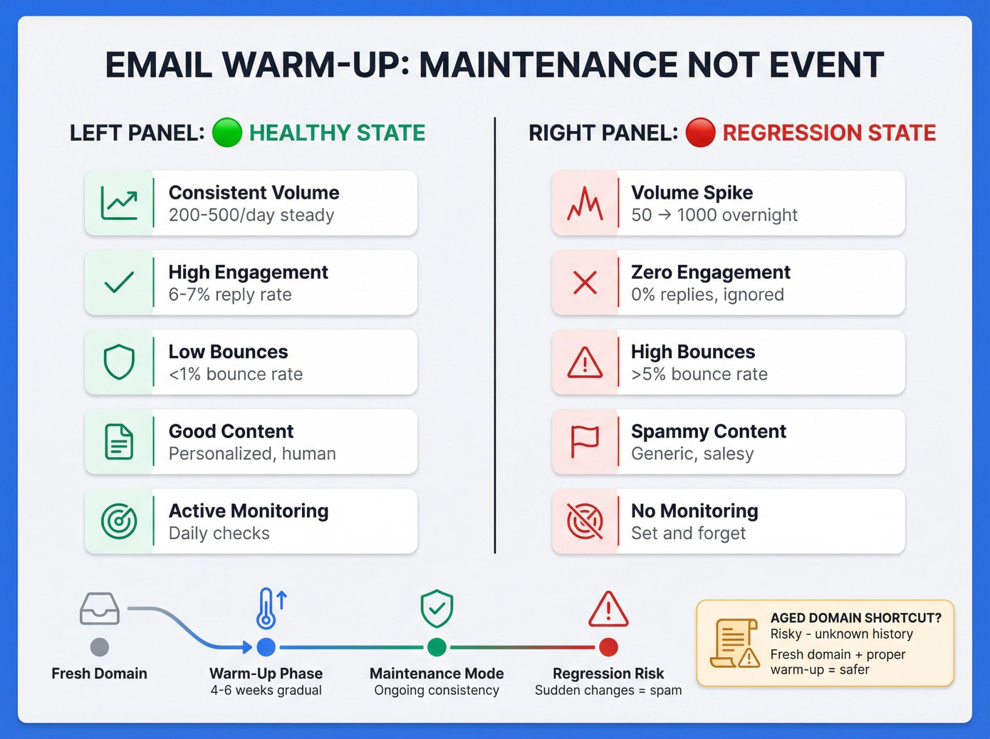 Email warm-up maintenance dashboard showing healthy vs regression states with key monitoring metrics