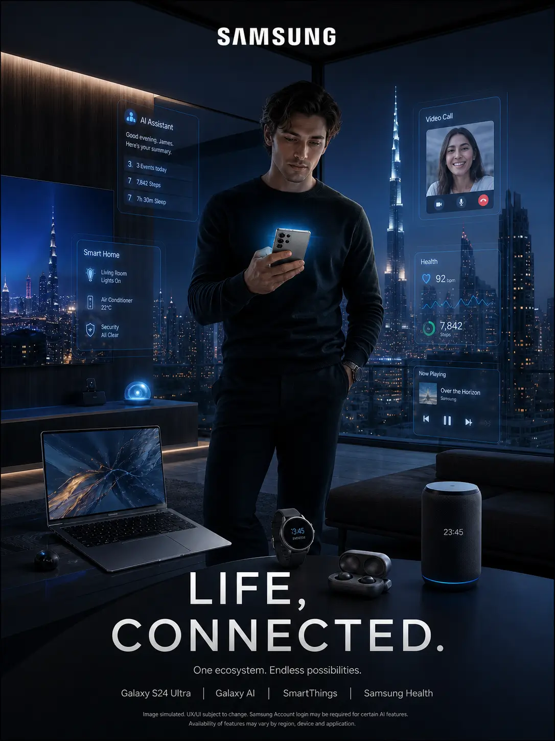 AI-generated Samsung technology poster featuring a smartphone user surrounded by connected digital screens in a futuristic city environment.