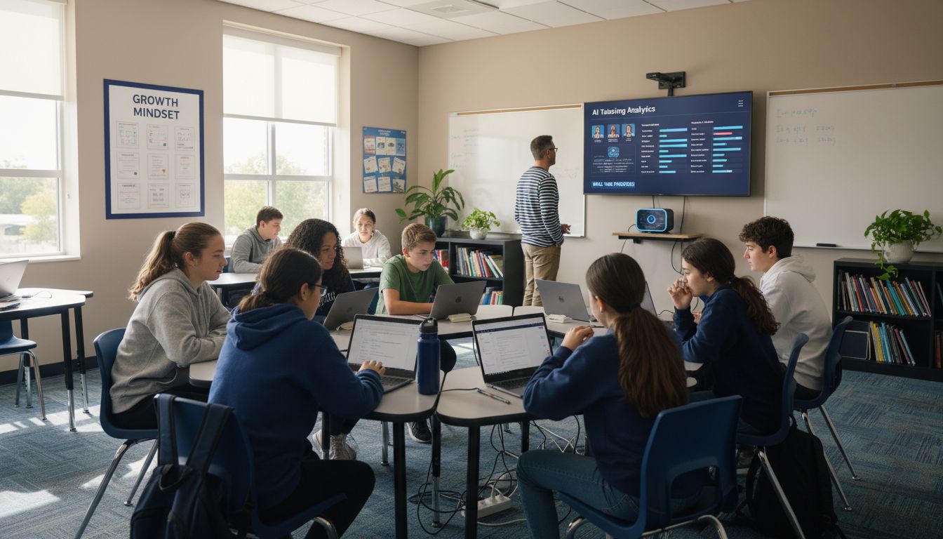 Students use laptops at tables while a teacher stands near a screen.