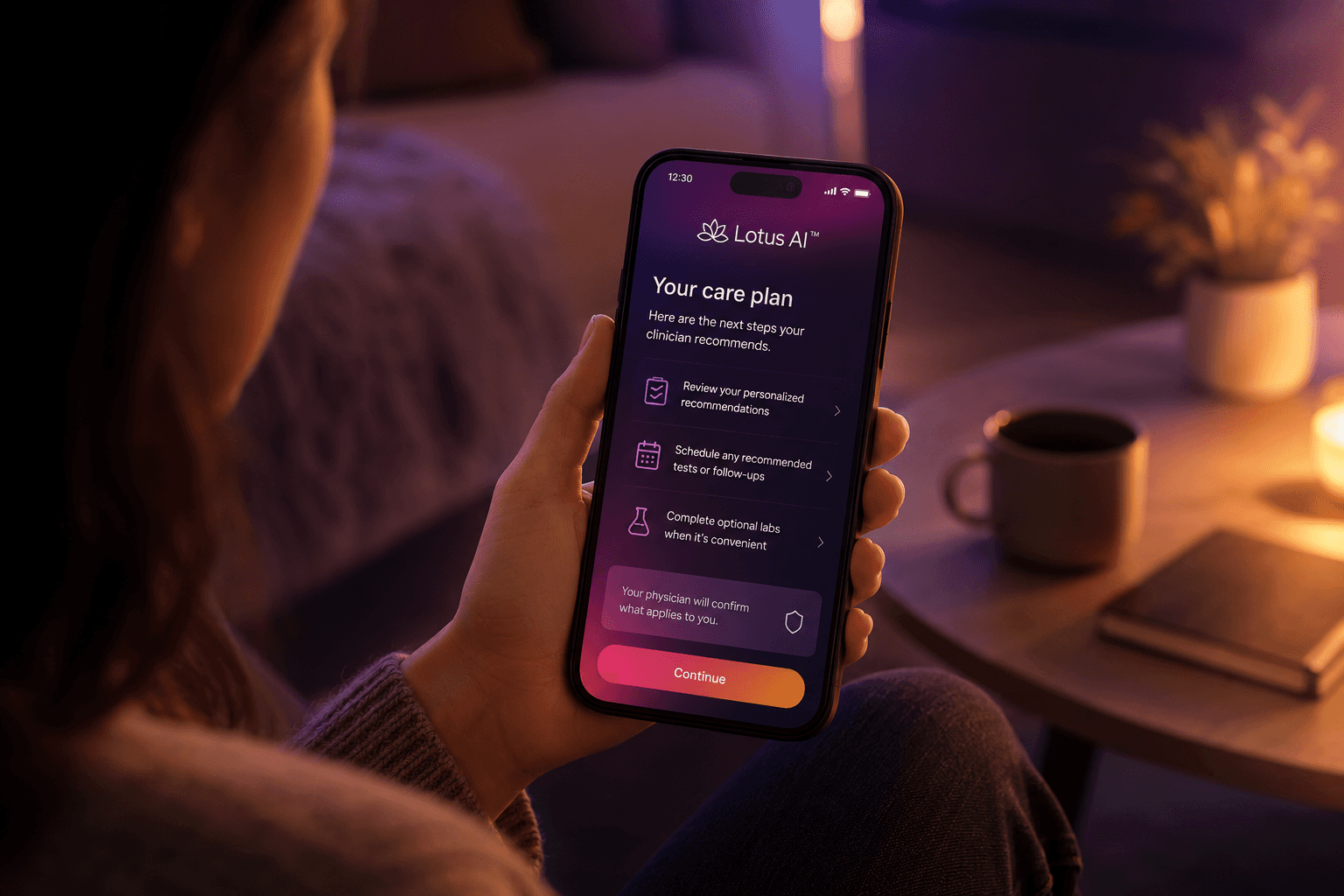 This image shows a person holding a smartphone displaying the Lotus AI app interface. The screen is titled 'Your care plan' and outlines next steps recommended by a clinician, including reviewing personalized recommendations, scheduling tests or follow-ups, and completing optional lab work. The interface features a gradient purple background with icons representing each option and a 'Continue' button at the bottom. The setting appears to be a cozy indoor environment with warm lighting and a cup on a nearby table, suggesting the app can be used comfortably at home. This image is suitable for illustrating digital health management, telemedicine, and patient care planning in professional documentation.