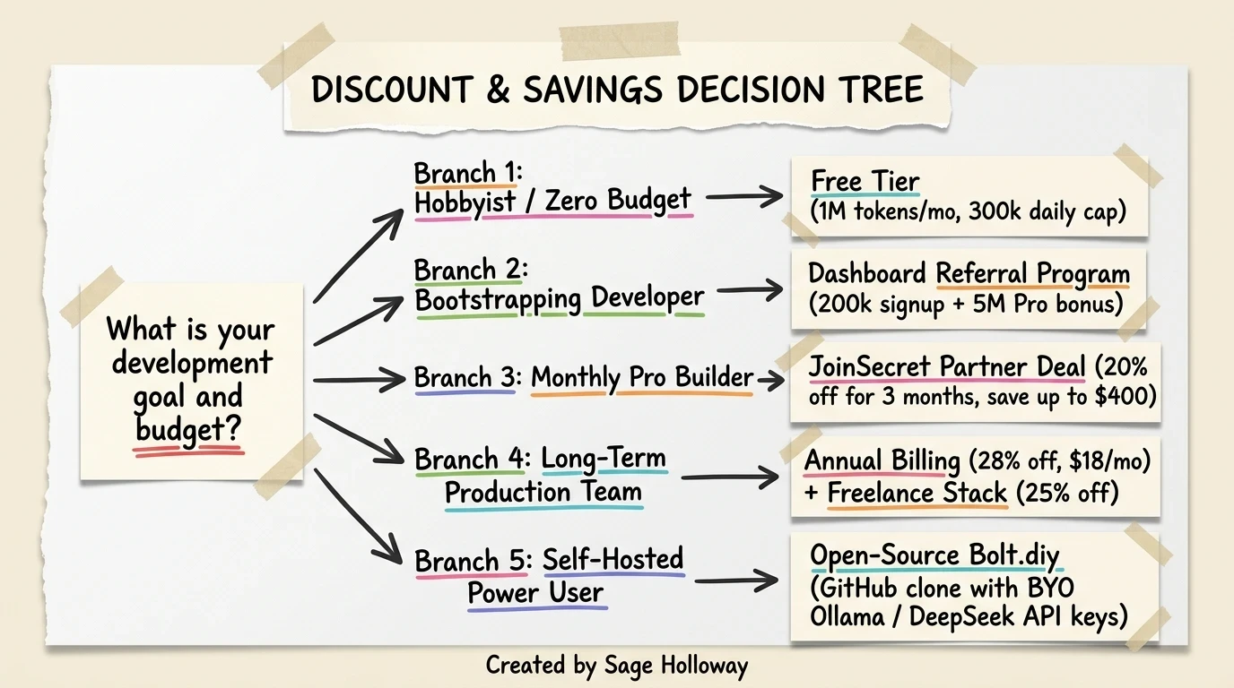 Decision flowchart mapping developer budget, project size, and technical skills to the optimal Bolt.new discount route
