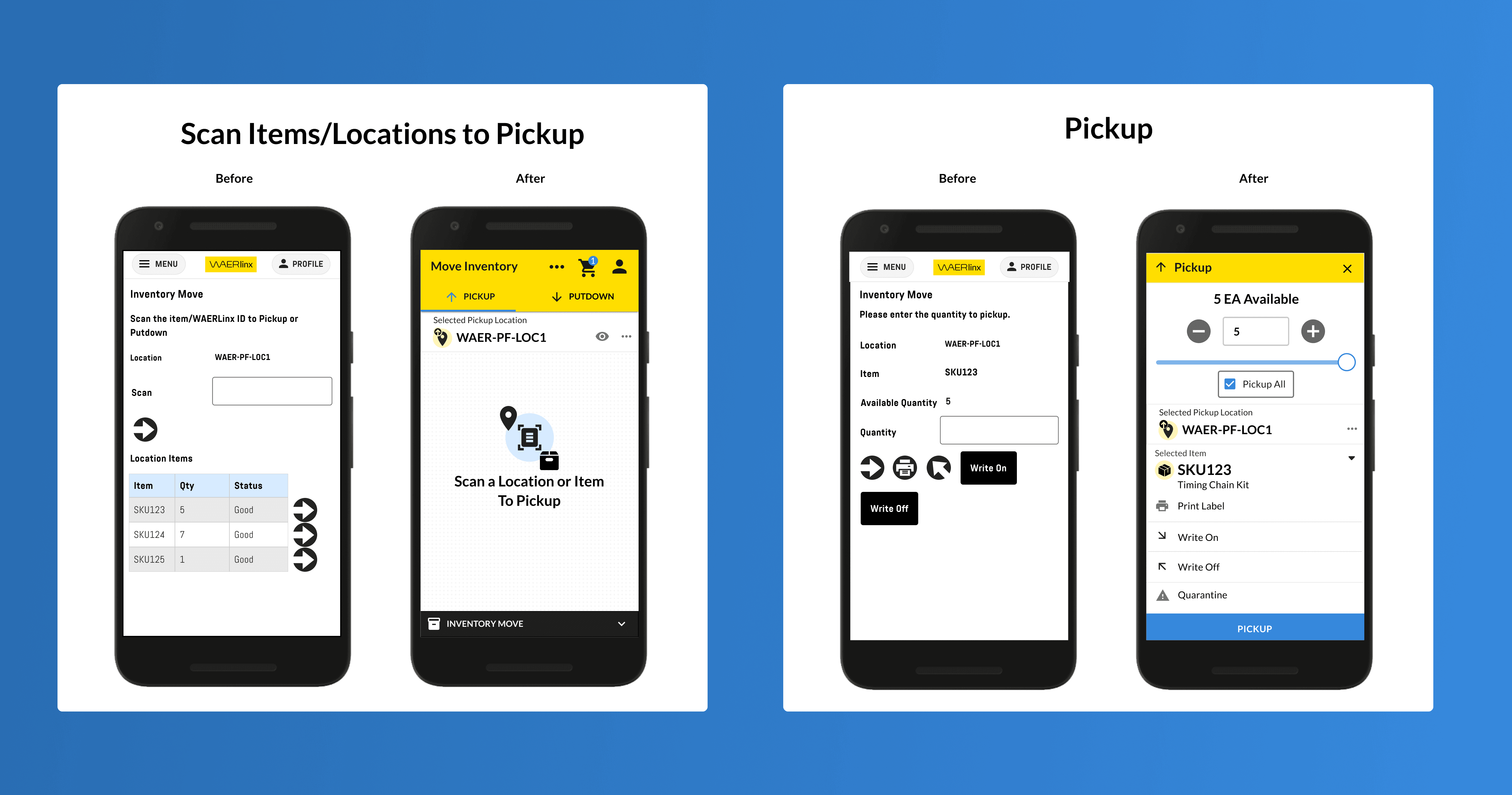 Workers used custom android handsets with barcode scanners to update the locations of inventory. This shows the before and after for picking up inventory.