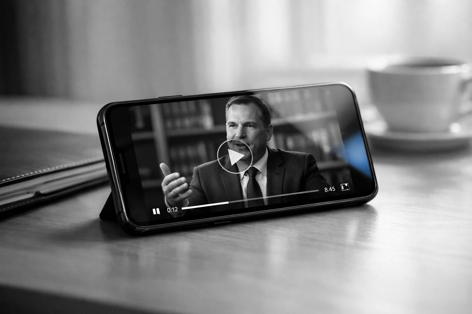 Smartphone displaying lawyer consultation video on professional desk with legal documents