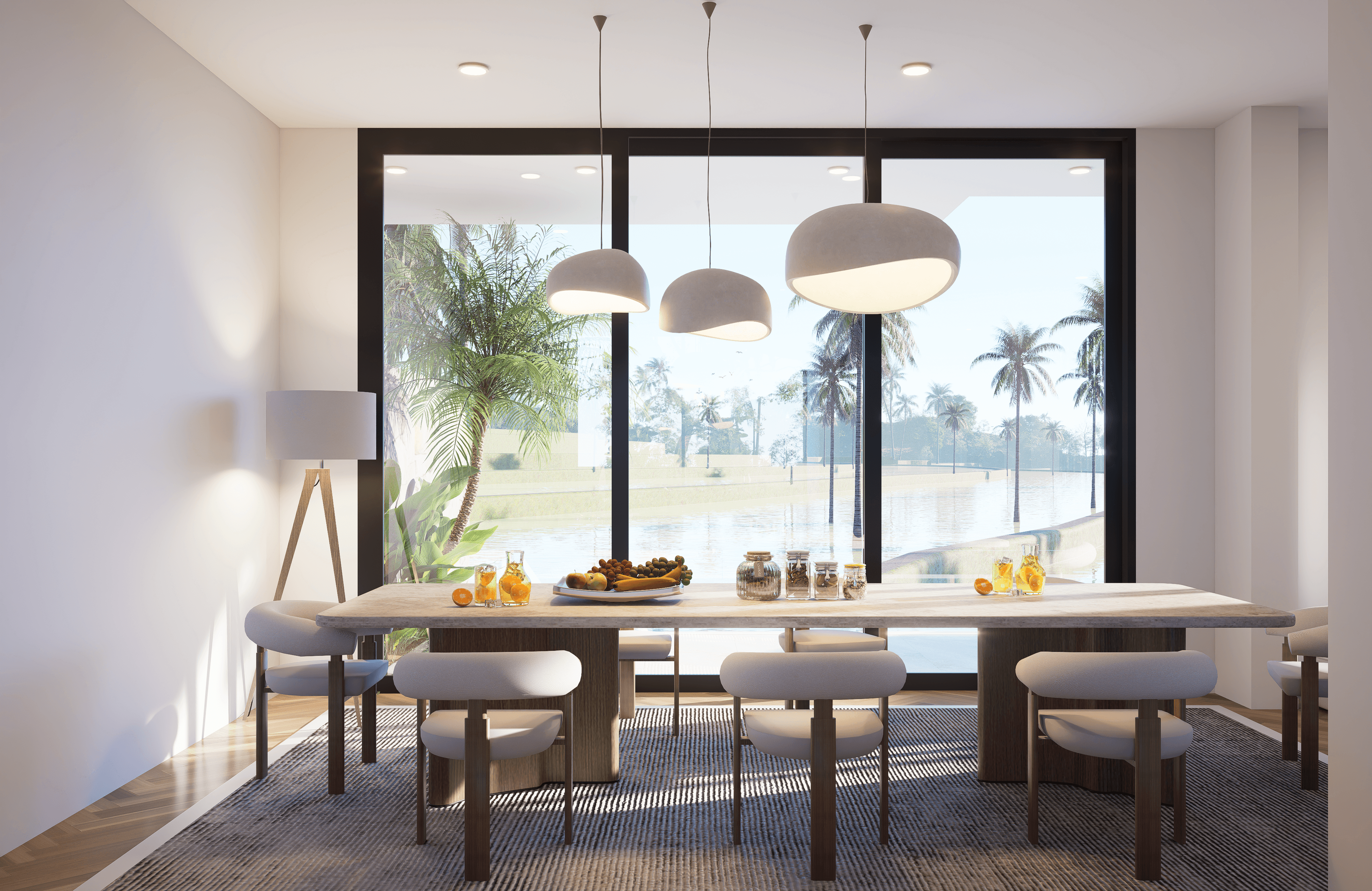 Modern living room with abstract art, beige sectional sofa, indoor plants, and large windows.