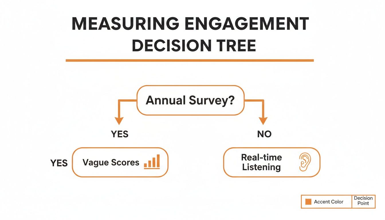 A decision tree illustrating engagement measurement: Annual Survey? leads to Vague Scores (yes) or Real-time Listening (no).