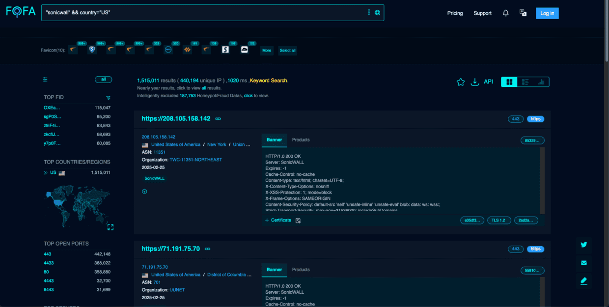 Screenshot der Benutzeroberfläche der FQFA-Website mit den Suchergebnissen für 'analyser all country:VN', einschließlich IP-Adressen, Organisationsdetails und Statistiken zu den wichtigsten Ländern und offenen Ports.
