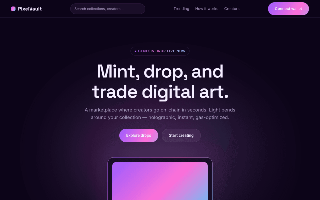 PixelVault landing page preview