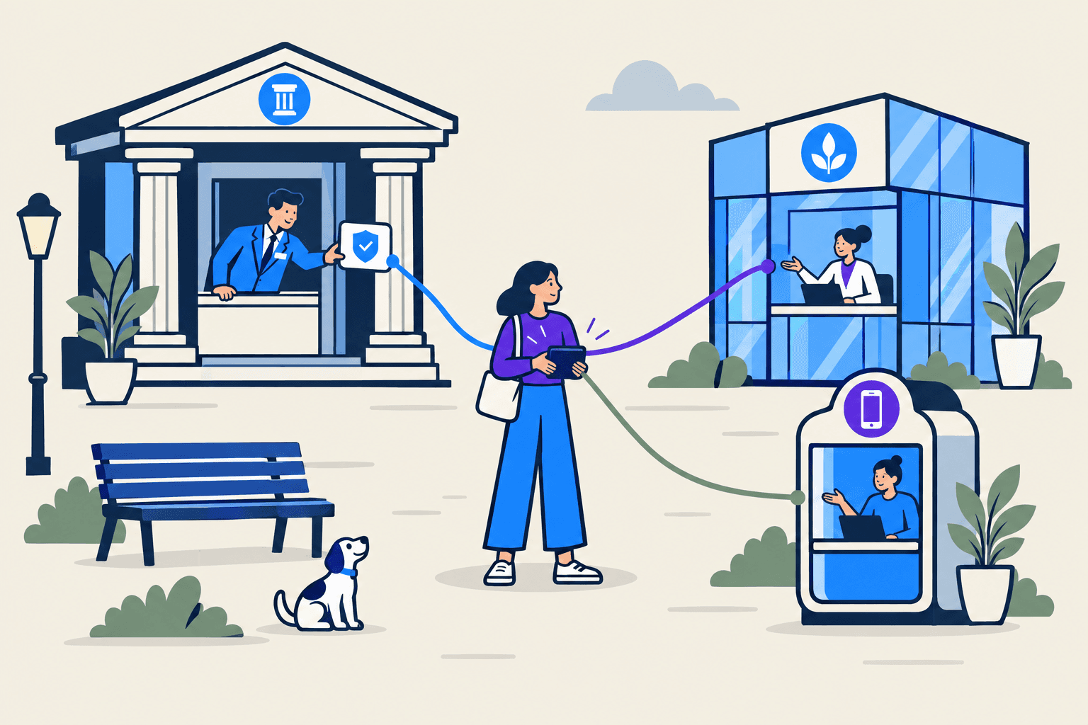 Eine Kundin auf einem Platz hält Fäden zu drei Banken: einer klassischen Filialbank mit Berater, einer gläsernen Direktbank und einem kleinen App-Kiosk
