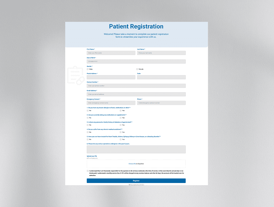 screenshot of registration section