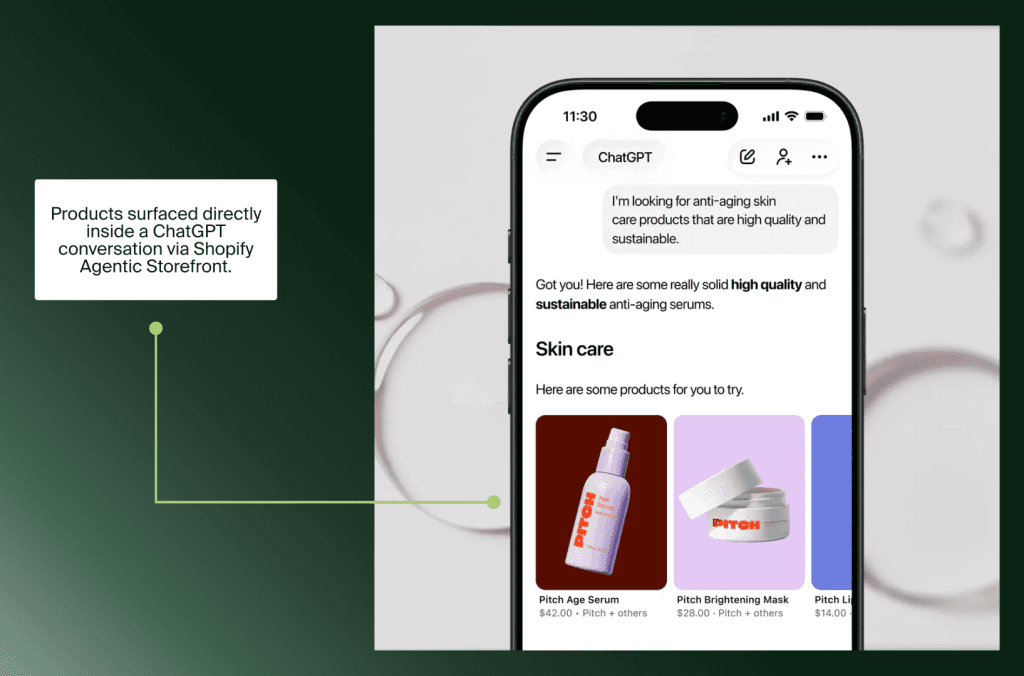ChatGPT auf dem Smartphone zeigt Anti-Aging-Hautpflegeprodukte, ausgespielt über Shopify Agentic Storefront