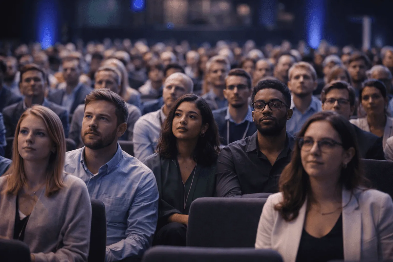 Diverse audience attentively watching a presentation in a conference hall.