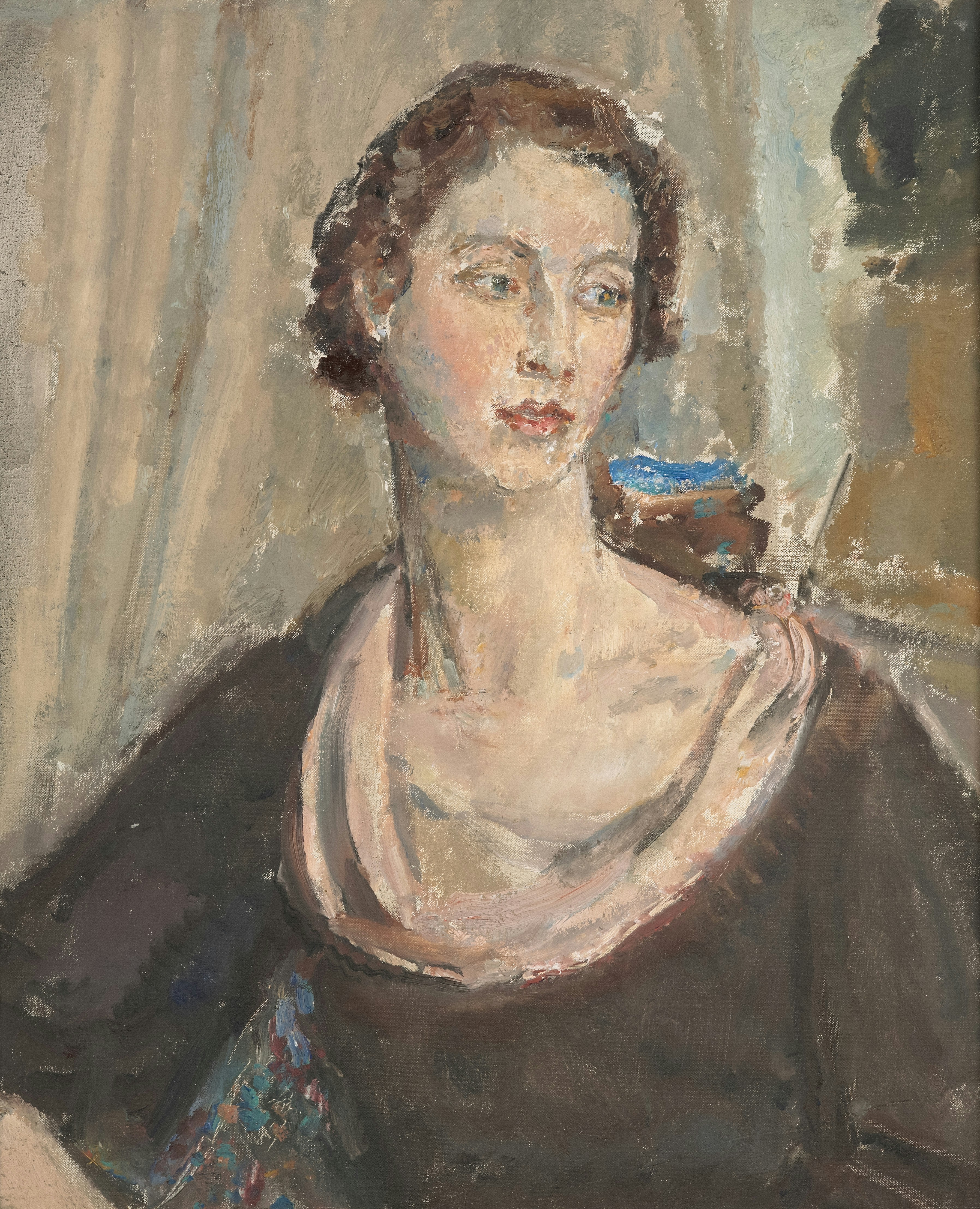 A painting of a woman with short brown hair.