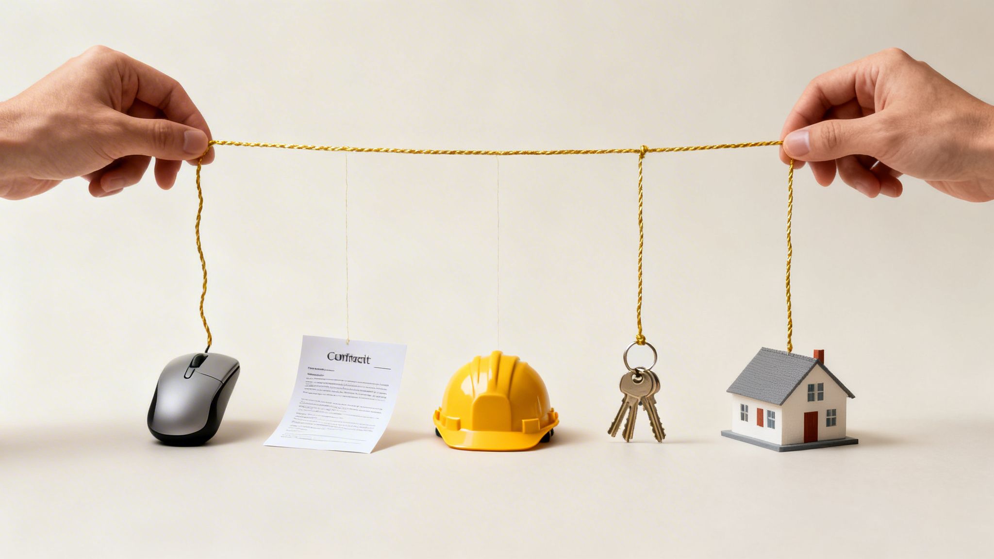 Two hands holding a golden string from which a mouse, contract, hard hat, keys, and house model hang.