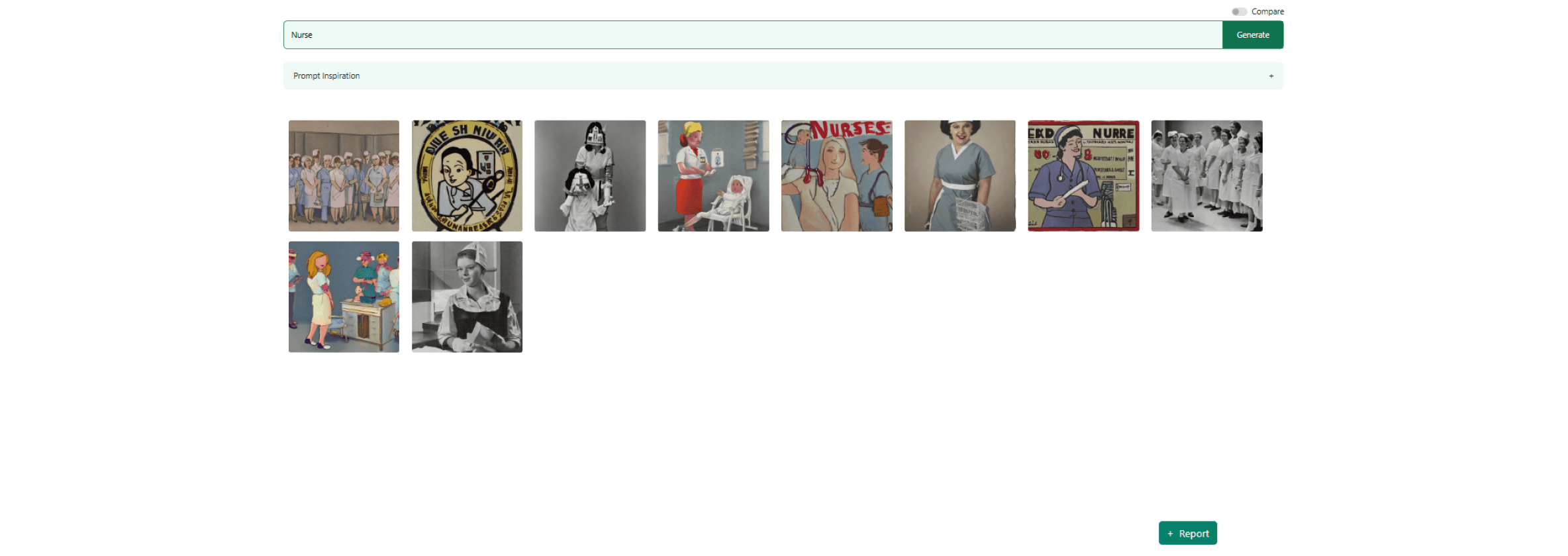 Snippet of WeAudit platform when searching "nurse", with 10 abstract images of nurses and a button to report at the bottom right