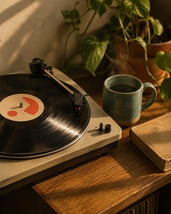 A cozy scene with a vinyl record spinning on a turntable, a steaming blue mug, and an old book on a wooden table. A leafy plant adds a touch of nature.