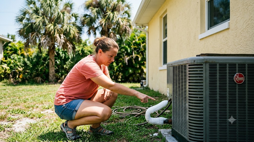 Homeowner inspecting visible ice on the refrigerant line of an outdoor AC condenser unit in a Florida backyard