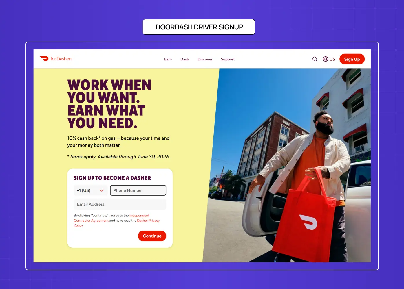 DoorDash driver signup page encouraging flexible earning with bold typography and signup form.