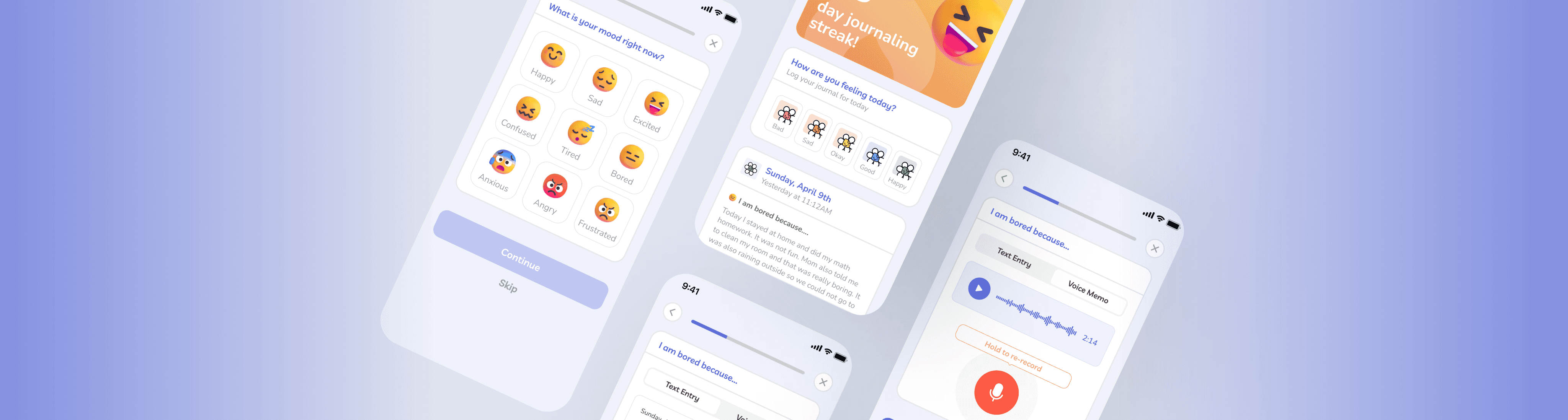 Blue gradient and overview of various screens for the moble app ":Daysy"