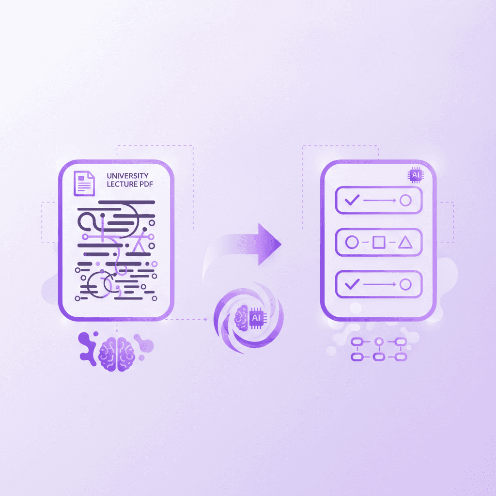 A split-screen view showing a dense university lecture PDF on the left and neatly organized AI-generated flashcards on the right.