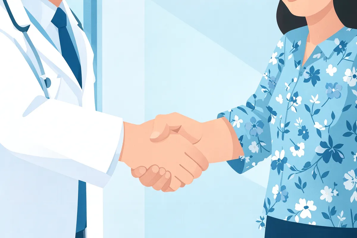 A doctor is shaking hands with a patient, both smiling.