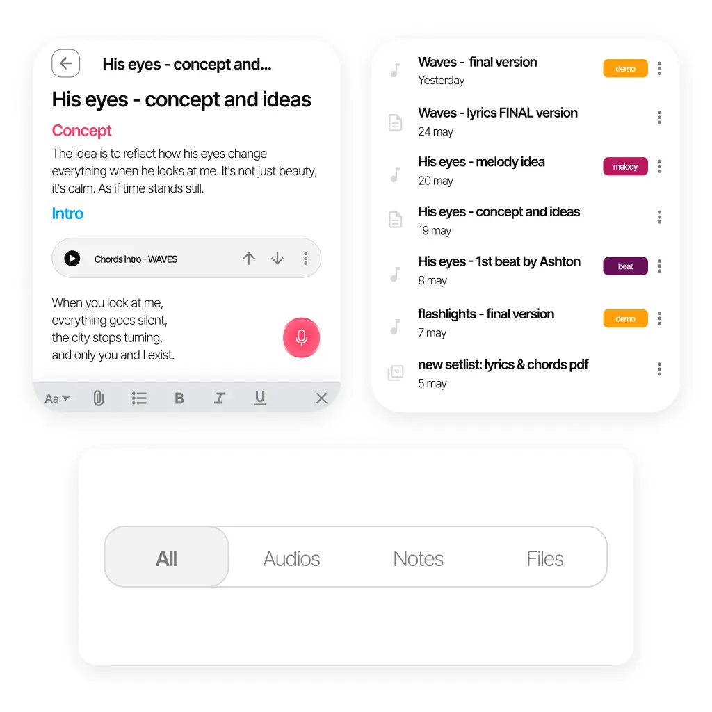 A song note with lyric files and tagged audio files in Zoundroom