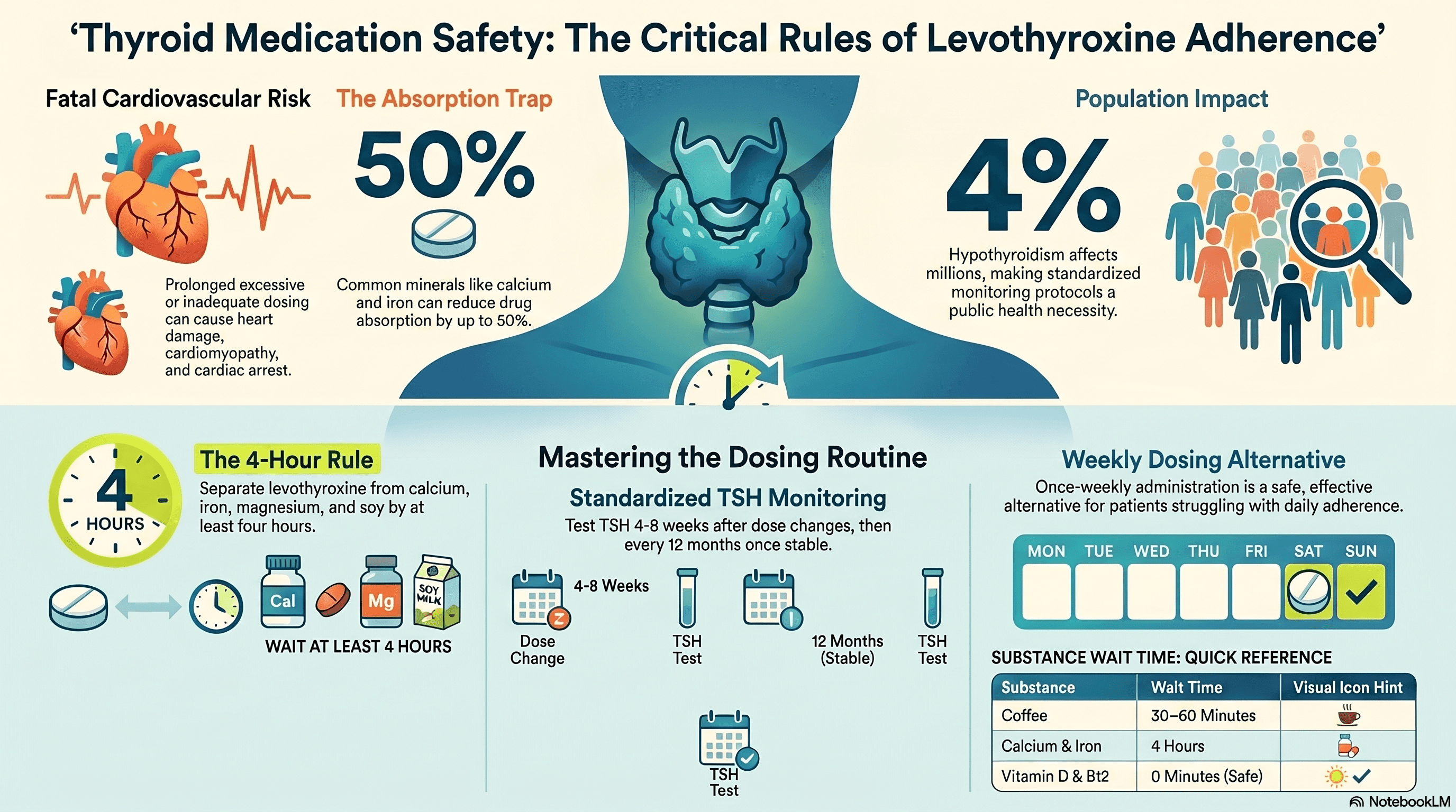 An infographic titled "Missed Your Thyroid Pill?" explaining what to do if you miss T4 or T3 medication , the 4-hour rule for separating your pills from vitamins like calcium and iron , the health risks of repeatedly missing doses over time , and practical tips to stay on track using pill organizers and alarms